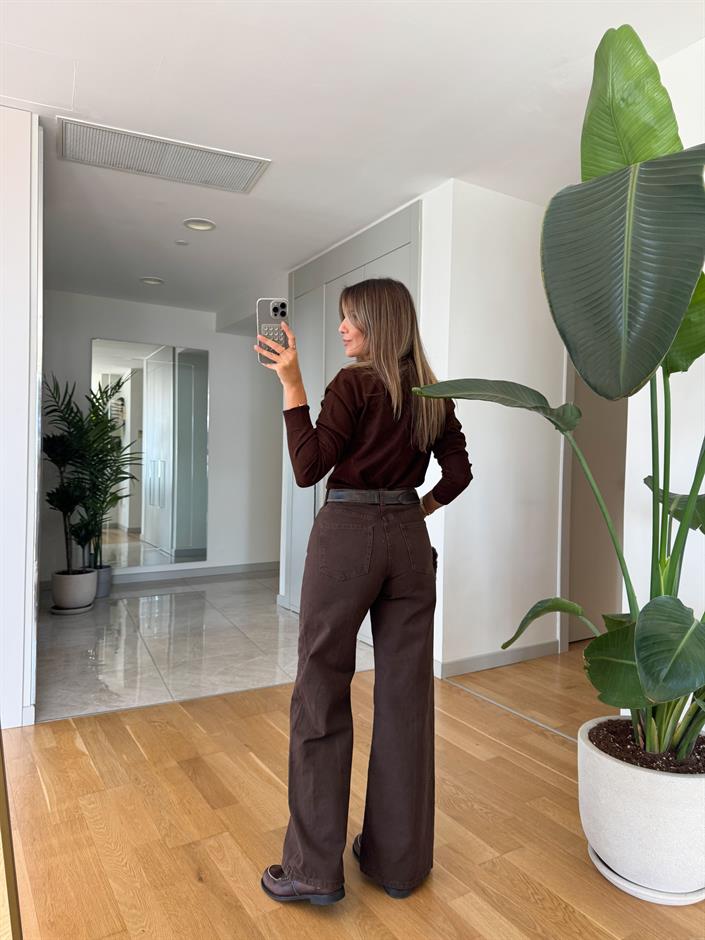 Kahve Önden Çimalı Denim Pantolon 