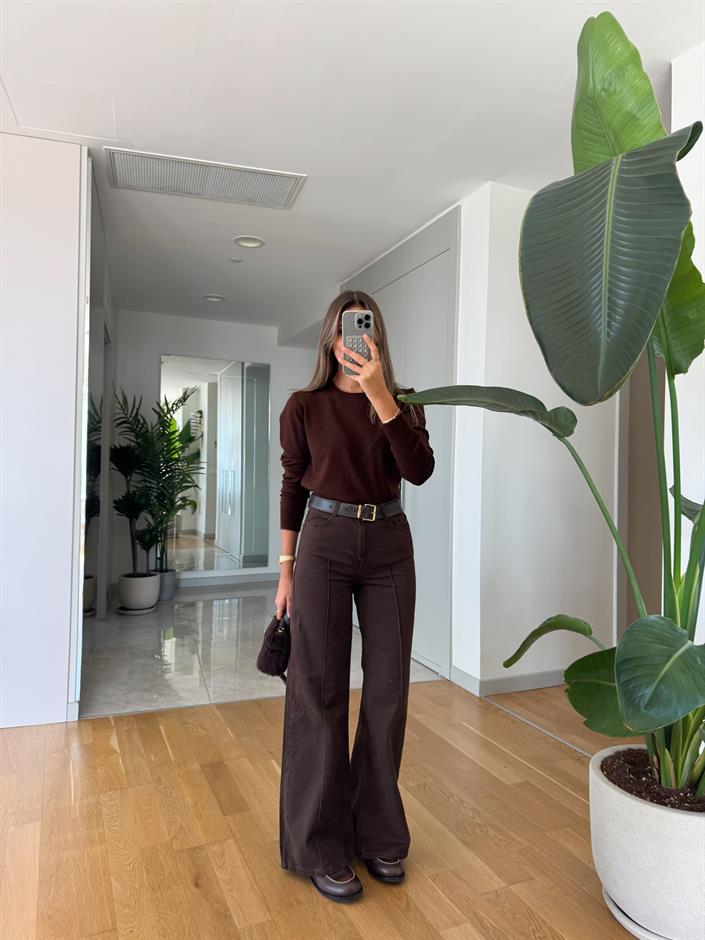 Kahve Önden Çimalı Denim Pantolon 