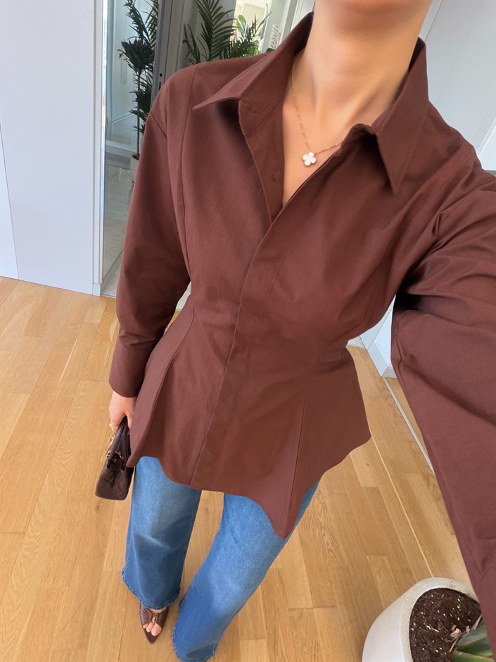 Kahve Pileli Poplin Gömlek 