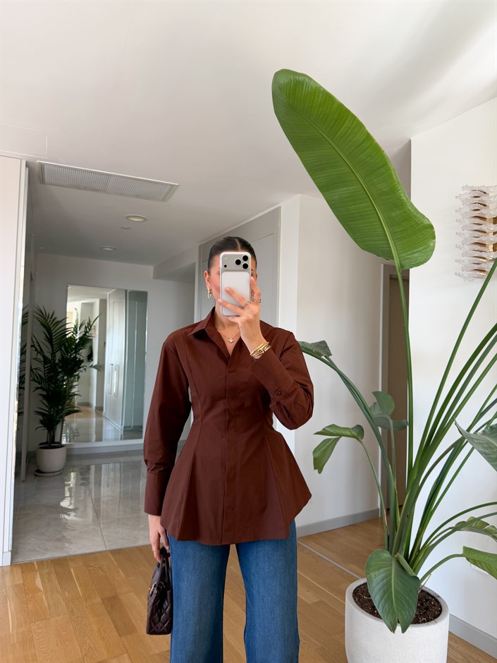 Kahve Pileli Poplin Gömlek 