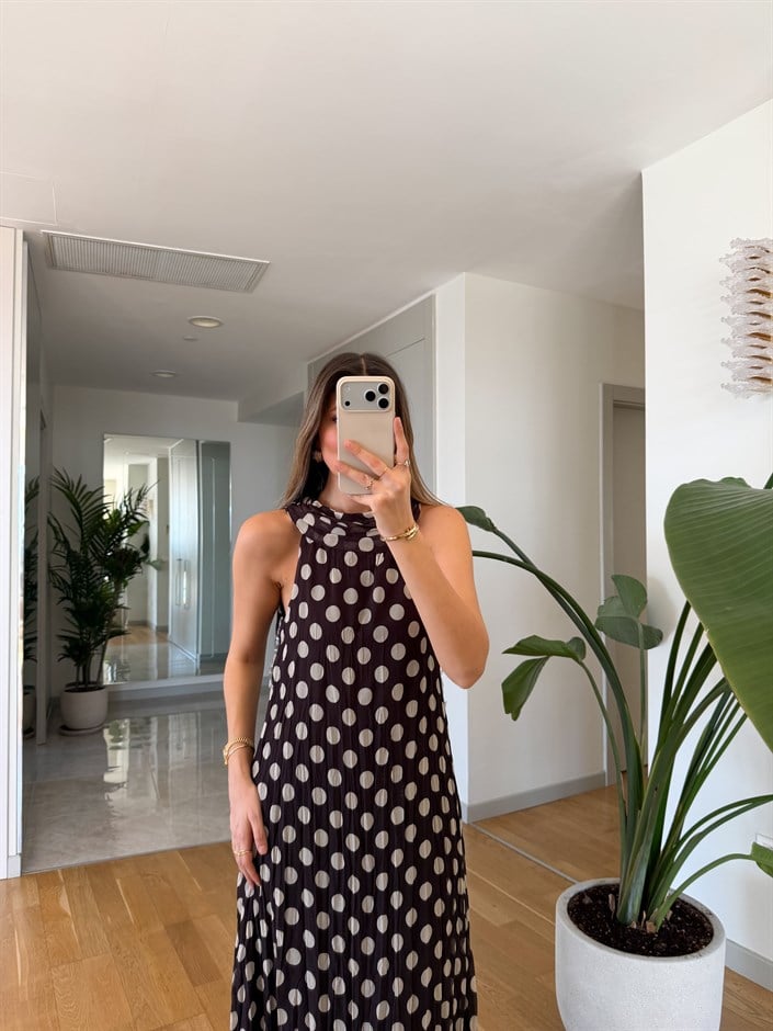 Kahve Puantiyeli Astarlı Elbise