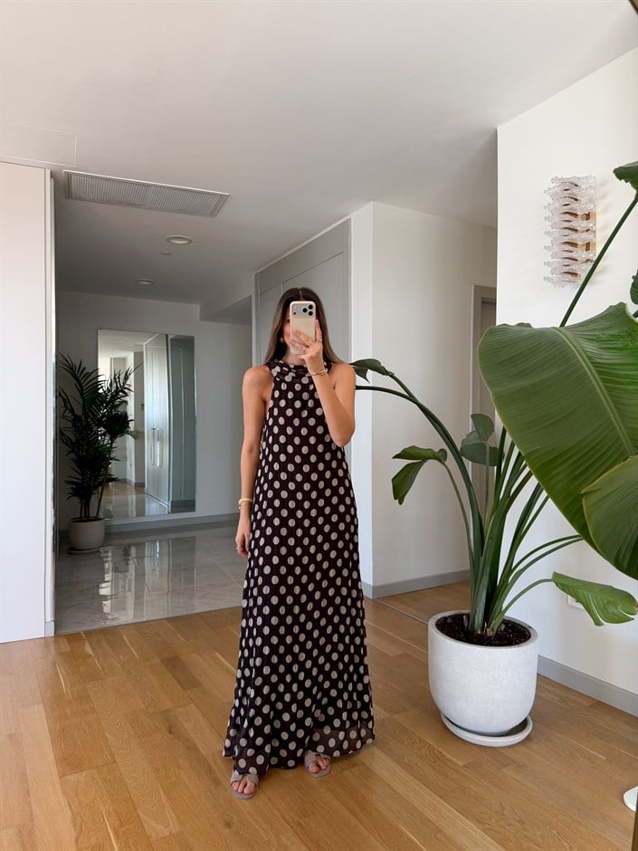 Kahve Puantiyeli Astarlı Elbise