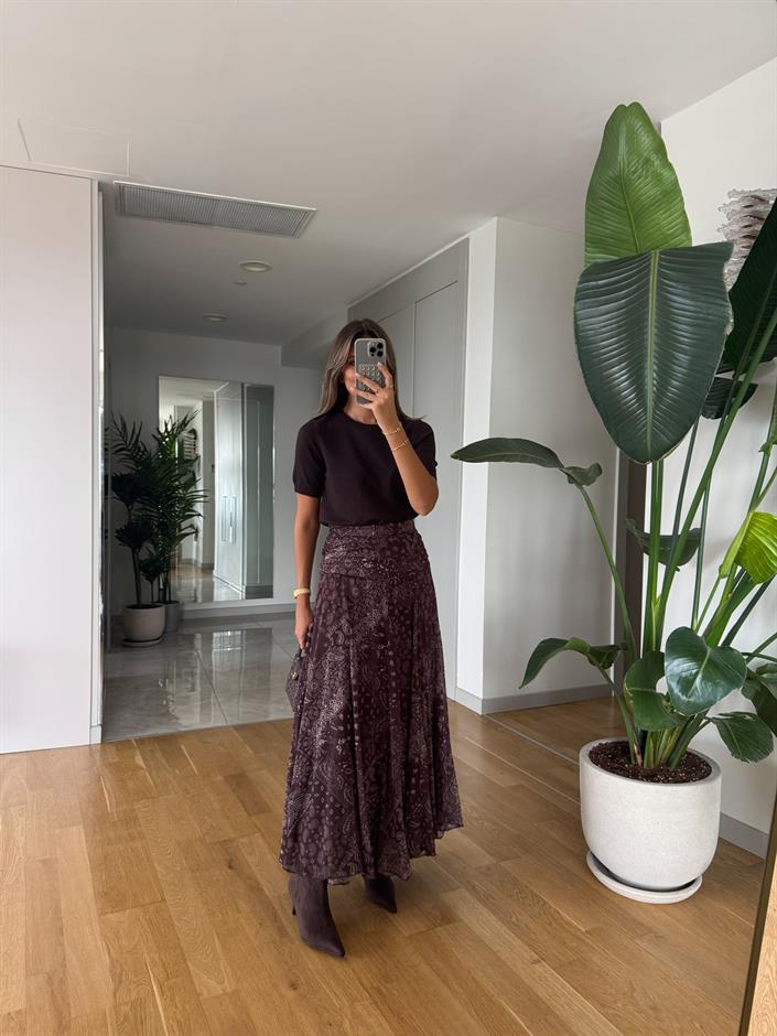 Kahve Şal Desenli Midi Etek