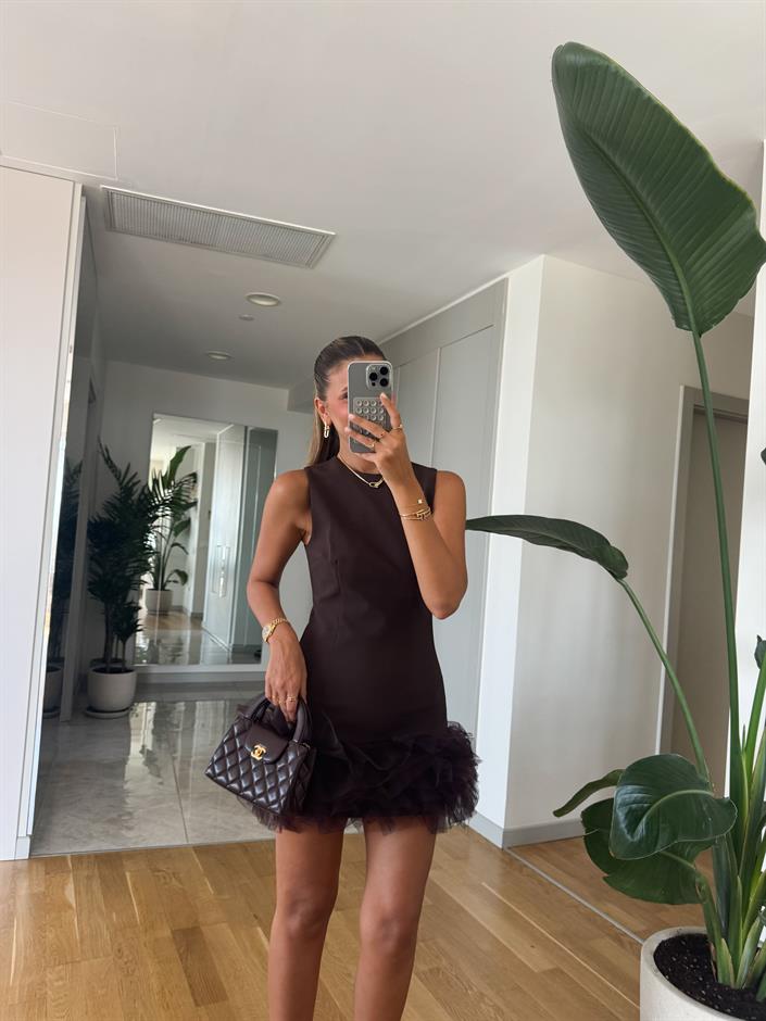 Kahve Ucu Tüllü Mini Elbise 