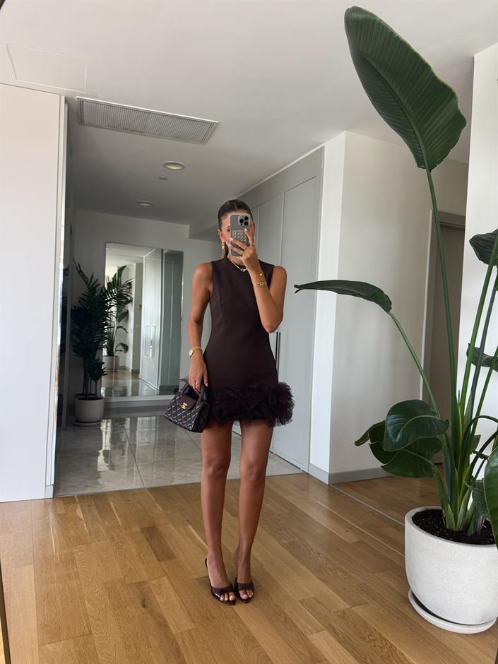 Kahve Ucu Tüllü Mini Elbise 