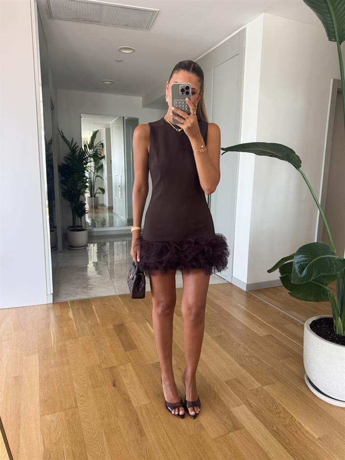 Kahve Ucu Tüllü Mini Elbise 