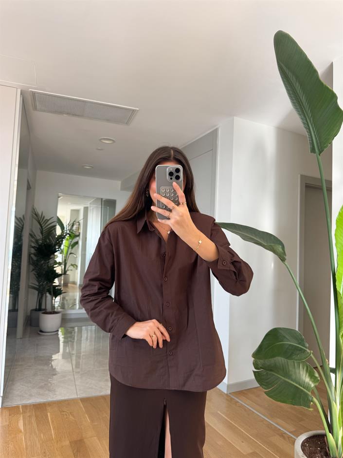 Kahve Vatkalı Poplin Gömlek