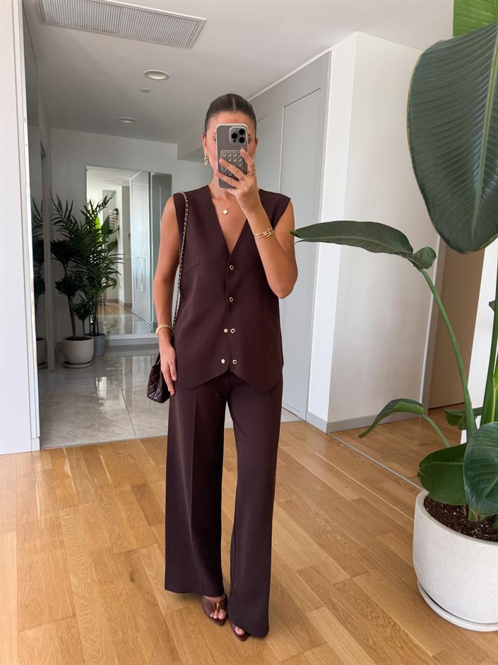 Kahve Yelek Pantolon Triko Takım 