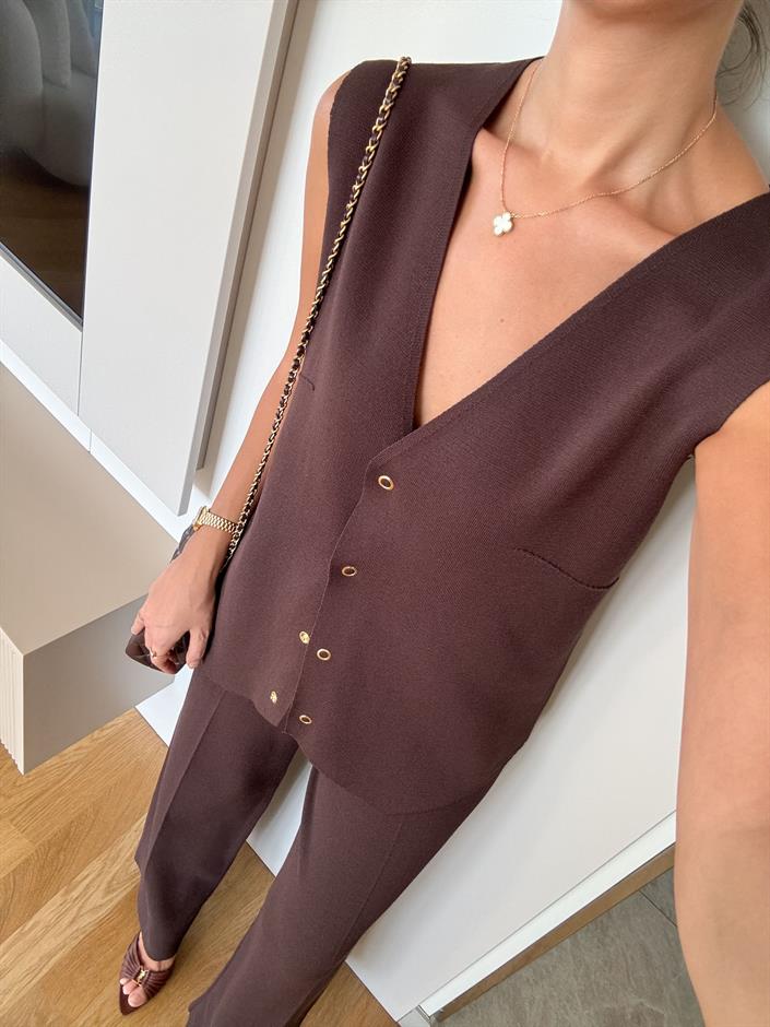 Kahve Yelek Pantolon Triko Takım 