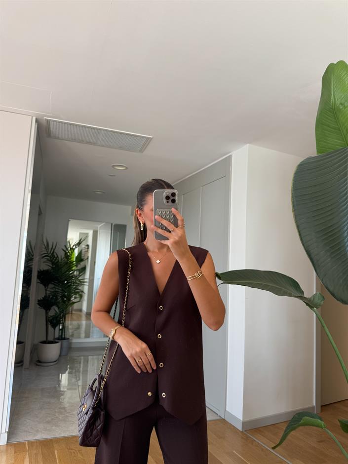 Kahve Yelek Pantolon Triko Takım 