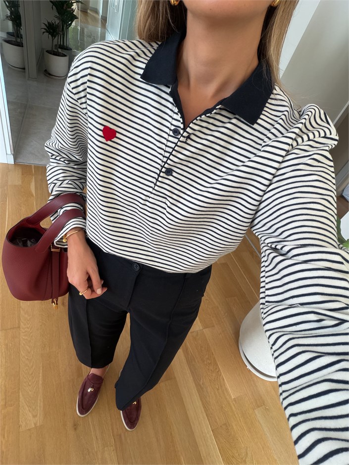 Kalp Nakışlı Polo Yaka Sweatshirt - Beyaz