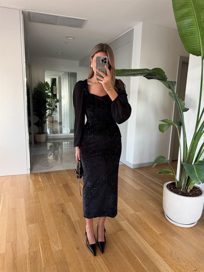 Kalp Yaka Midi Boy Simli Elbise - Siyah 