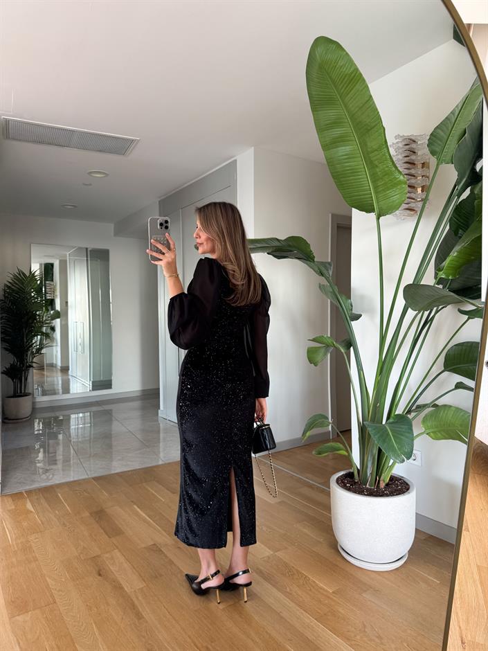 Kalp Yaka Midi Boy Simli Elbise - Siyah 