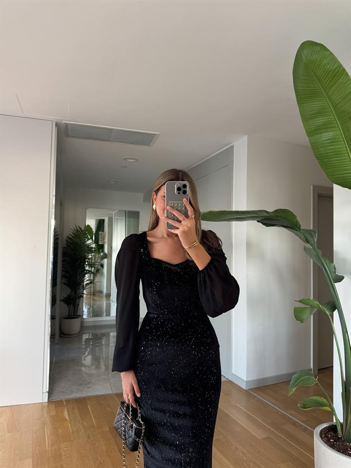 Kalp Yaka Midi Boy Simli Elbise - Siyah 