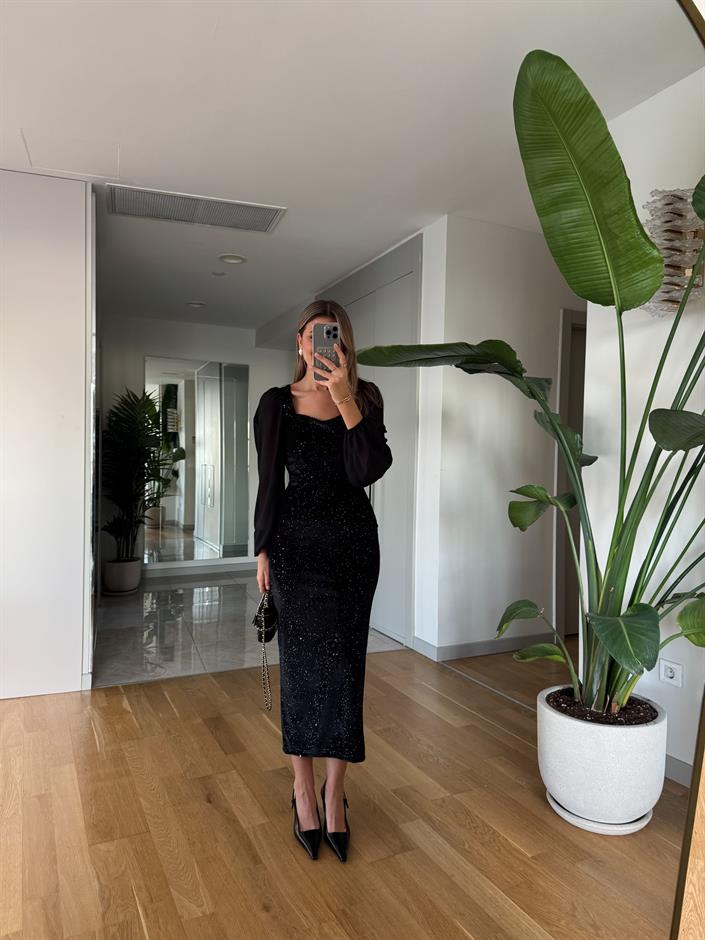 Kalp Yaka Midi Boy Simli Elbise - Siyah 