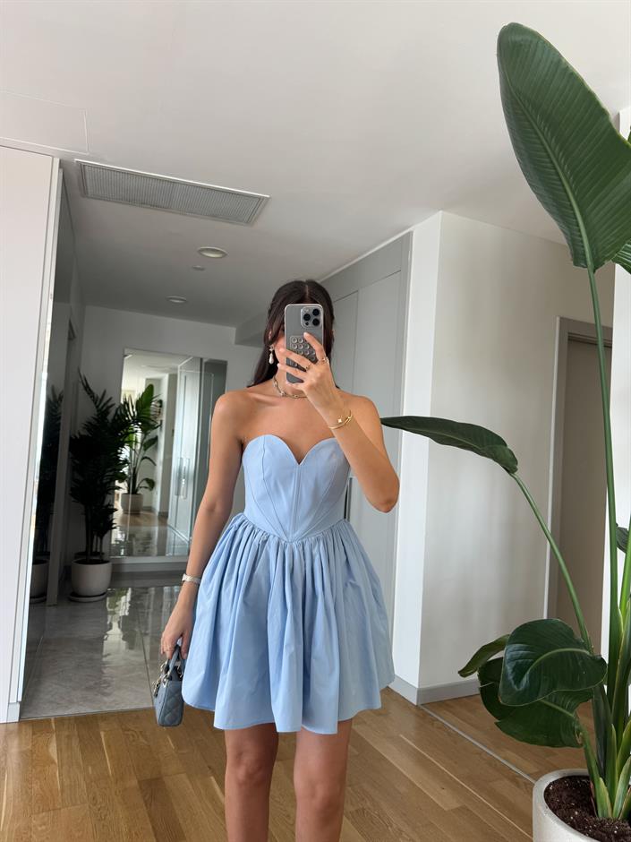 Kalp Yaka Tasarım Poplin Elbise-Mavi