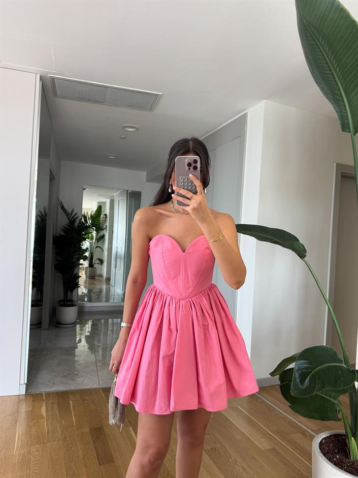 Kalp Yaka Tasarım Poplin Elbise-Pembe