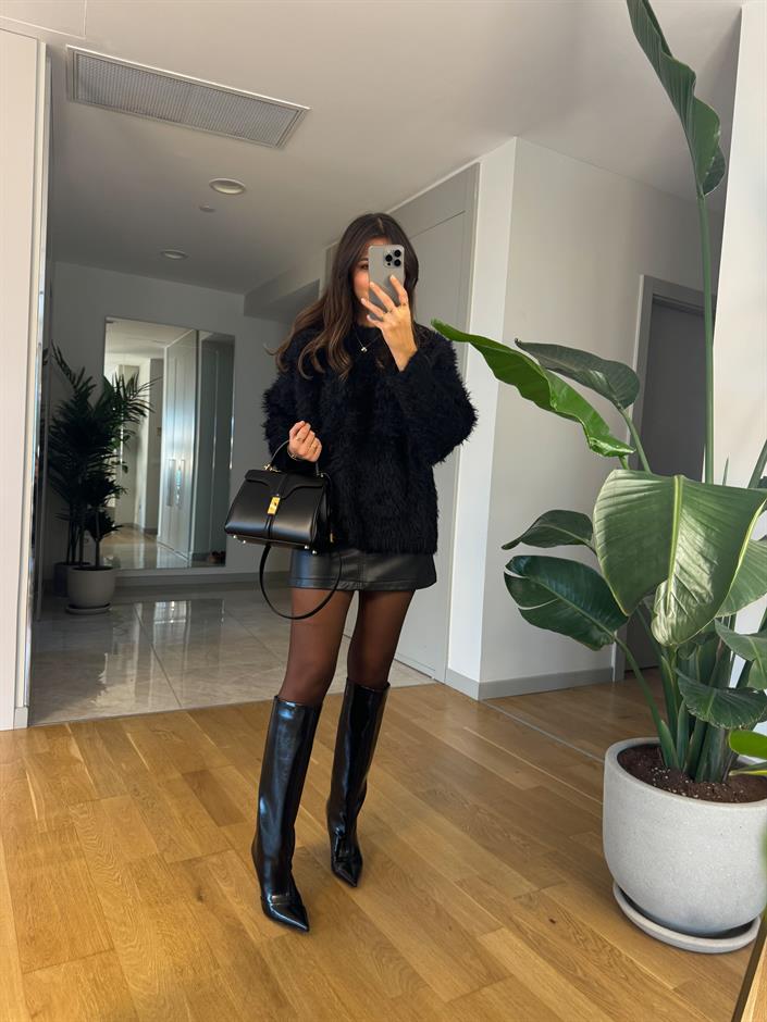 Kapak Cepli Mini Deri Etek-Siyah