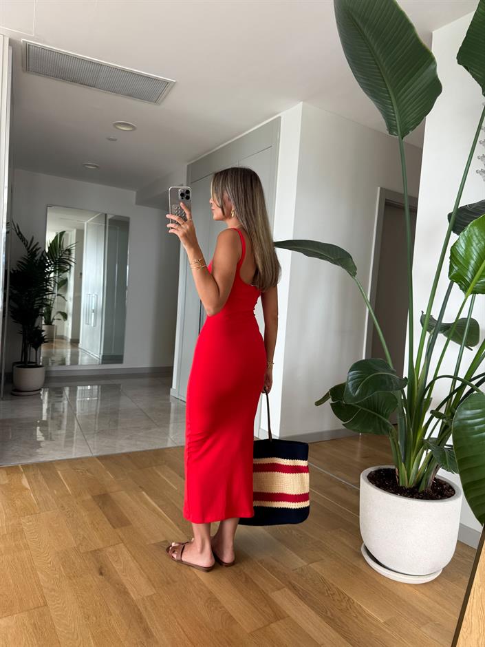 Kare Yaka Askılı Basic Penye Elbise - Nar Çiçeği