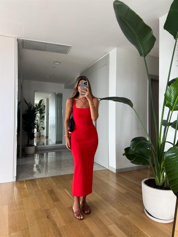 Kare Yaka Askılı Basic Penye Elbise - Nar Çiçeği