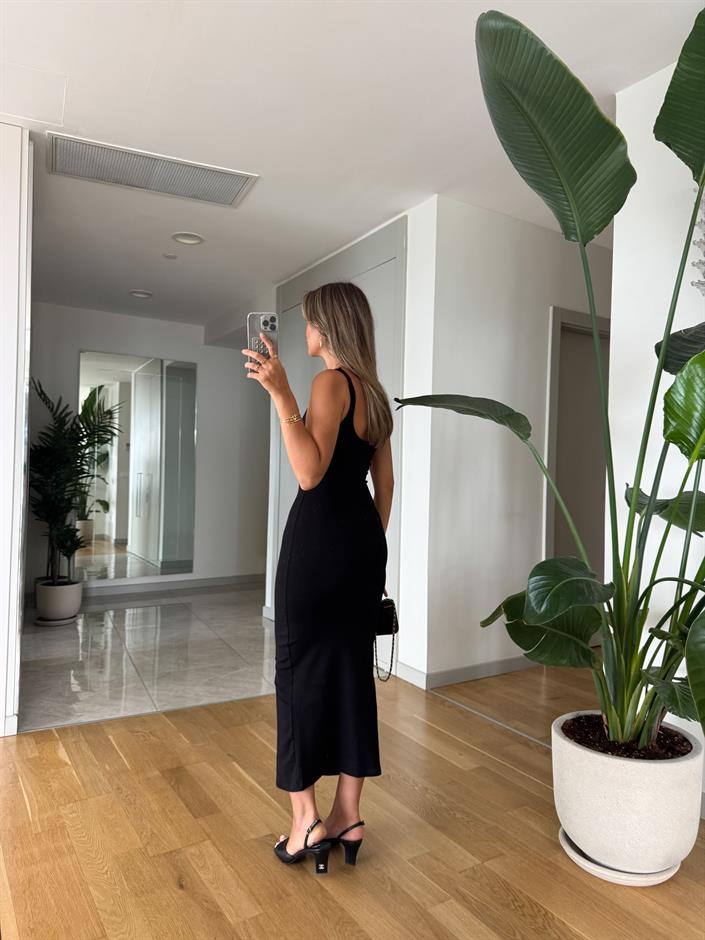 Kare Yaka Askılı Basic Penye Elbise - Siyah