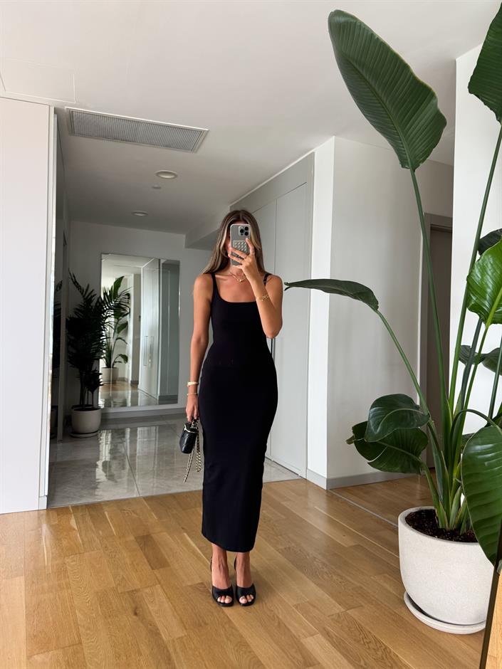 Kare Yaka Askılı Basic Penye Elbise - Siyah