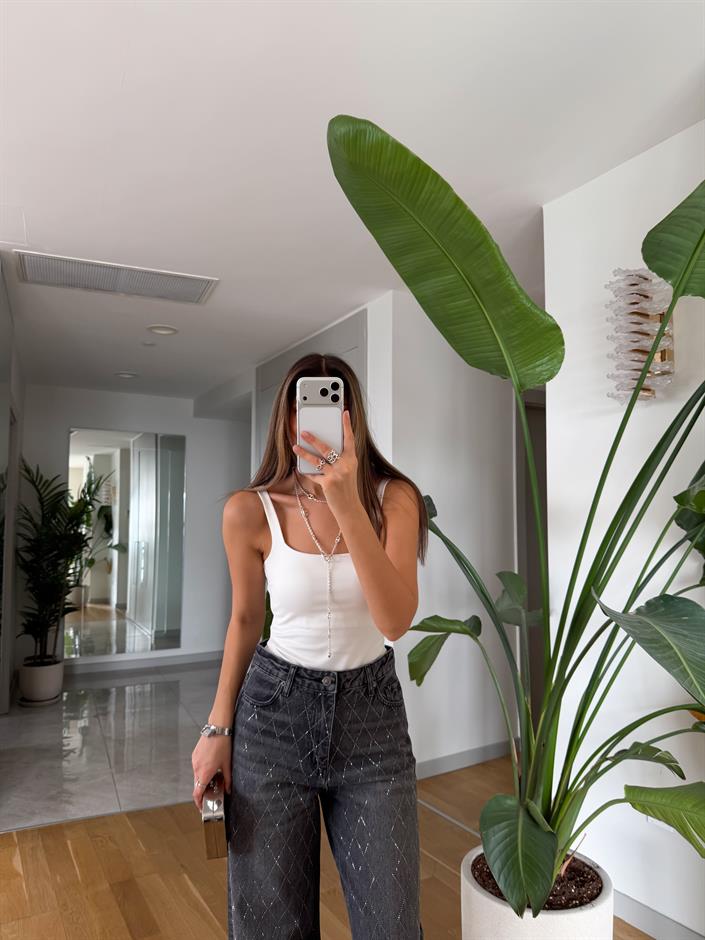 Kare Yaka Askılı Bodysuit - Ekru