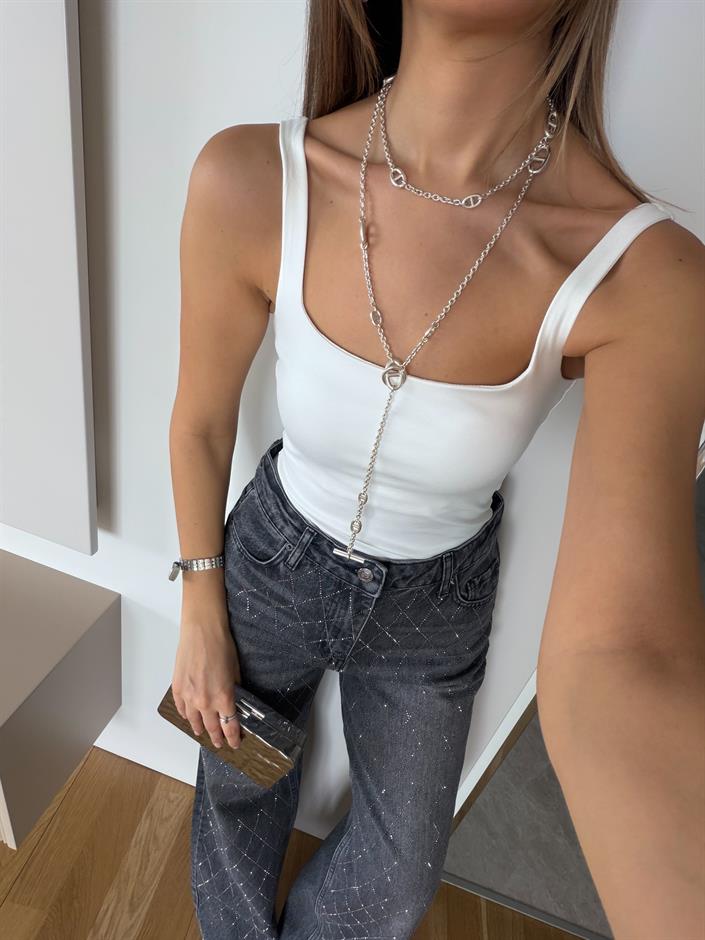 Kare Yaka Askılı Bodysuit - Ekru