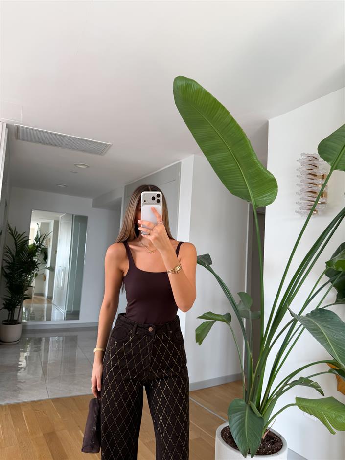 Kare Yaka Askılı Bodysuit - Kahve