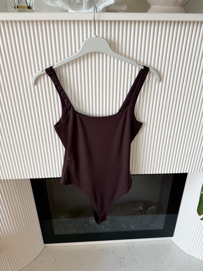Kare Yaka Askılı Bodysuit - Kahve