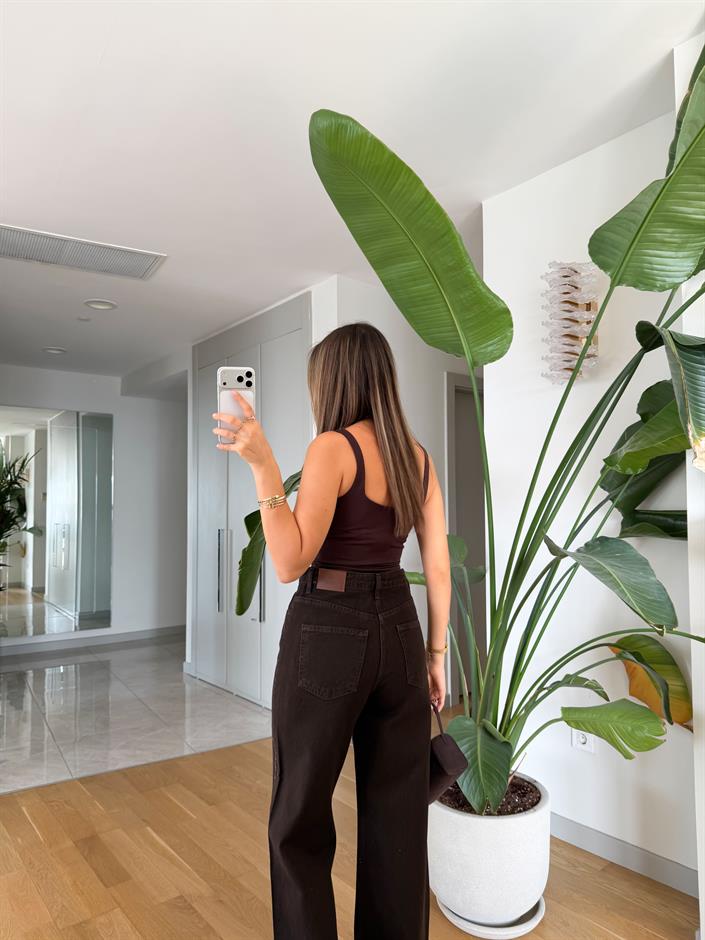 Kare Yaka Askılı Bodysuit - Kahve