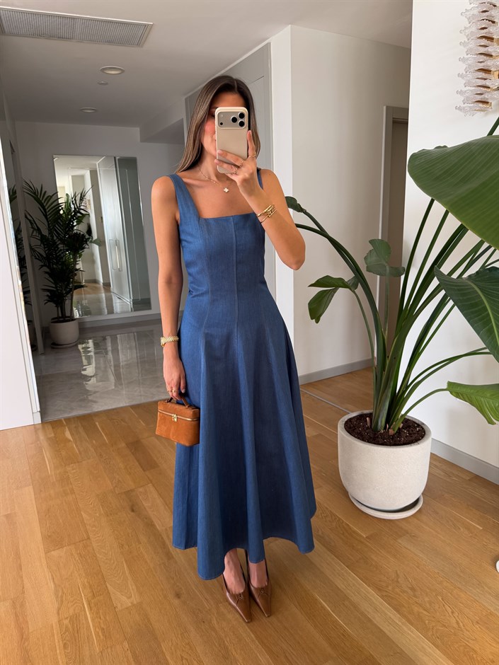 Kare Yaka Askılı Denim Elbise - Açık Mavi