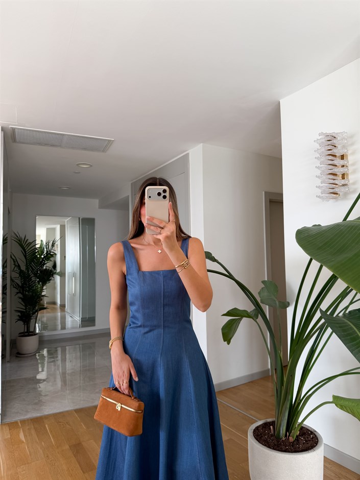 Kare Yaka Askılı Denim Elbise - Açık Mavi