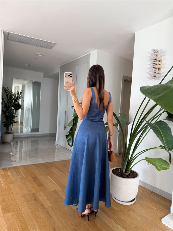 Kare Yaka Askılı Denim Elbise - Açık Mavi