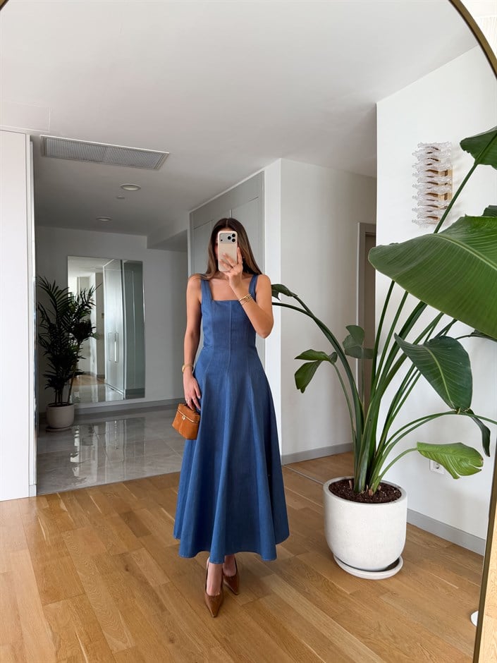 Kare Yaka Askılı Denim Elbise - Açık Mavi