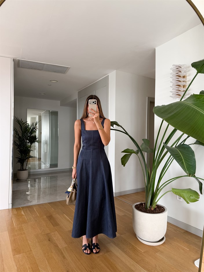 Kare Yaka Askılı Denim Elbise - Koyu Mavi