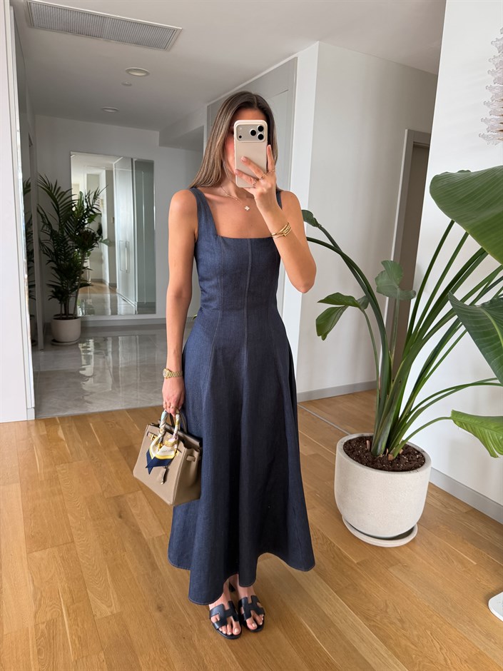 Kare Yaka Askılı Denim Elbise - Koyu Mavi