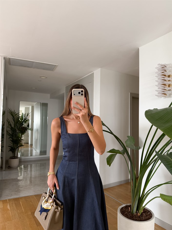 Kare Yaka Askılı Denim Elbise - Koyu Mavi