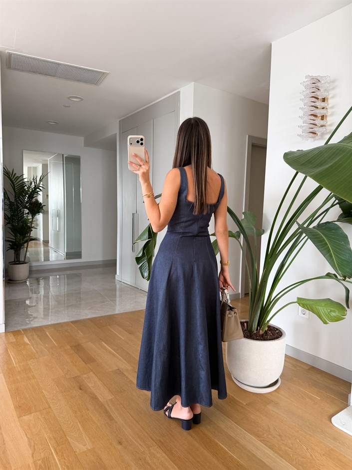Kare Yaka Askılı Denim Elbise - Koyu Mavi