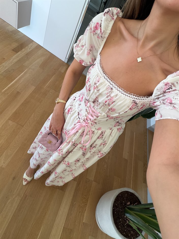 Kare Yaka Korse Detaylı Elbise 