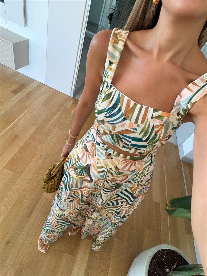 Karışık Desenli Crop Bluz Etek Takım 