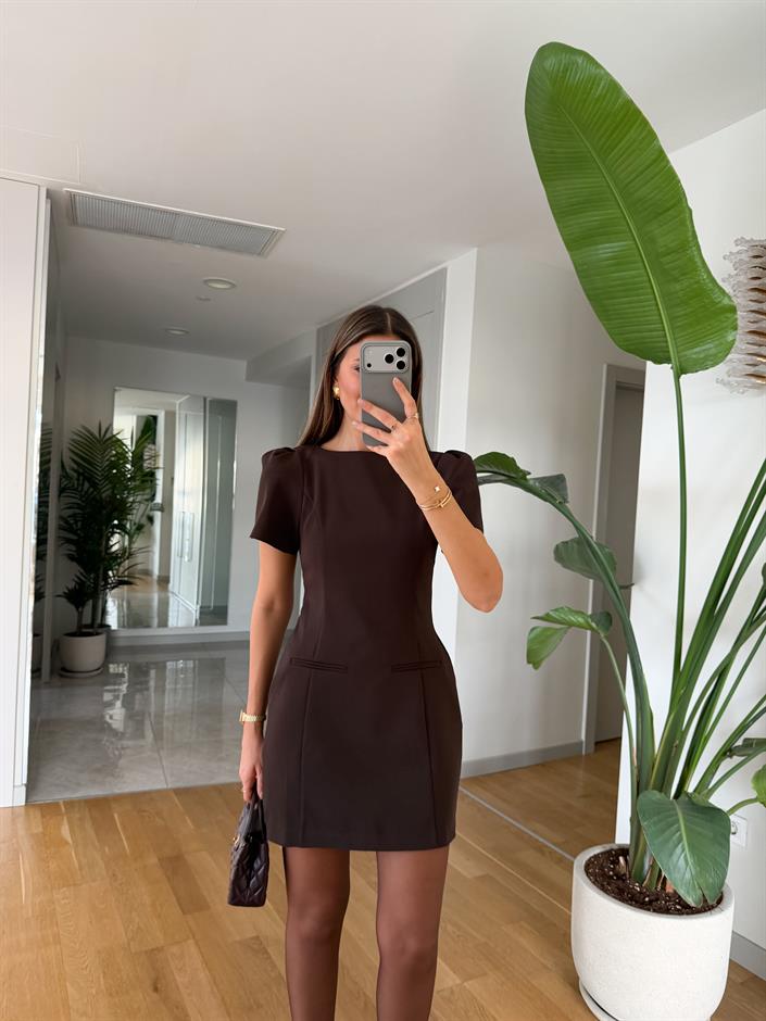 Karpuz Kol Süs Cepli Elbise - Koyu Kahve