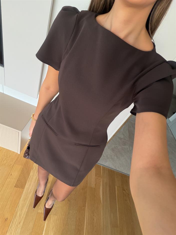 Karpuz Kol Süs Cepli Elbise - Koyu Kahve