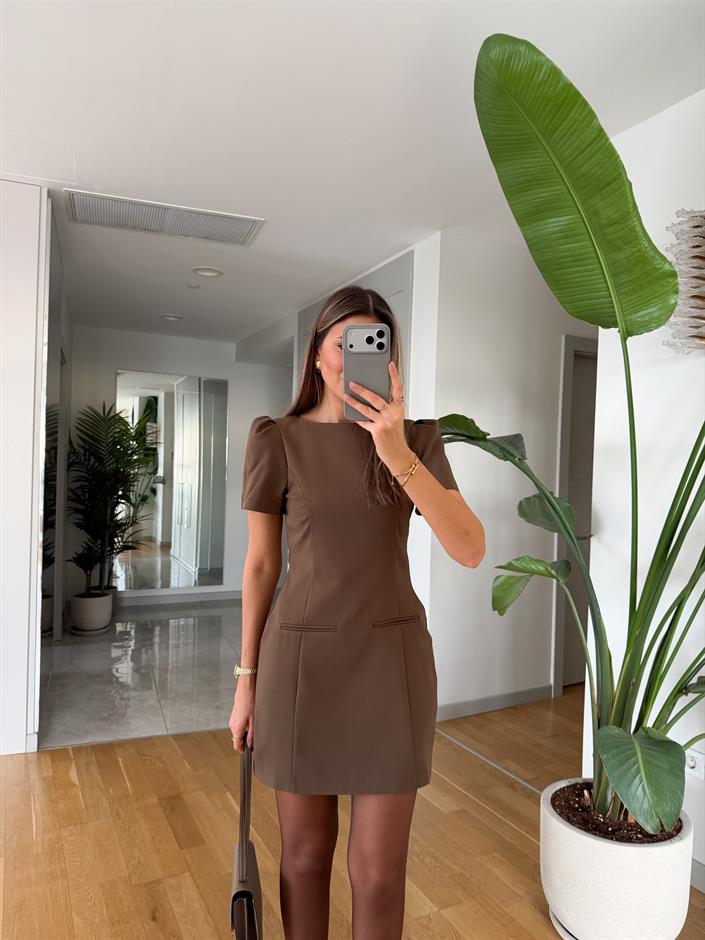 Karpuz Kol Süs Cepli Elbise - Kahve