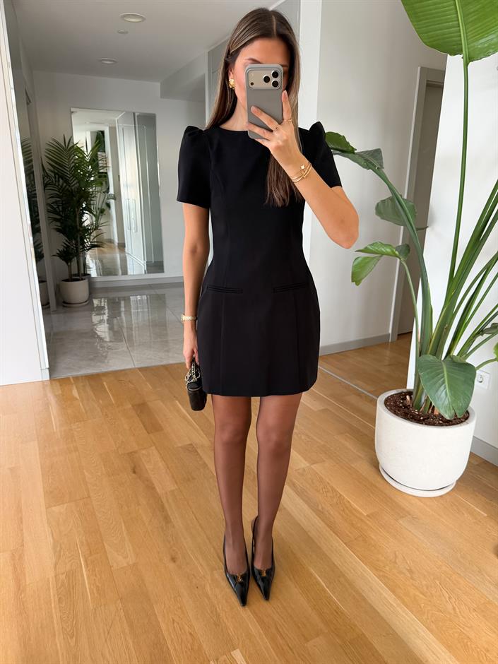 Karpuz Kol Süs Cepli Elbise - Siyah