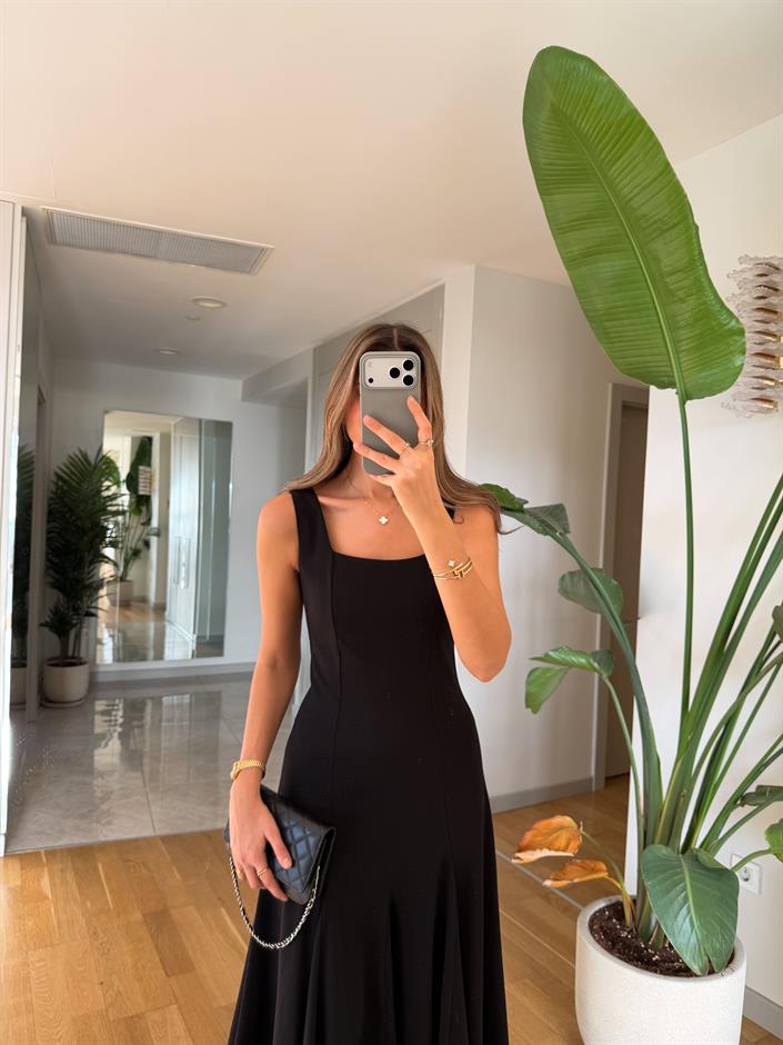 Kate Kare Yaka Midi Elbise - Siyah