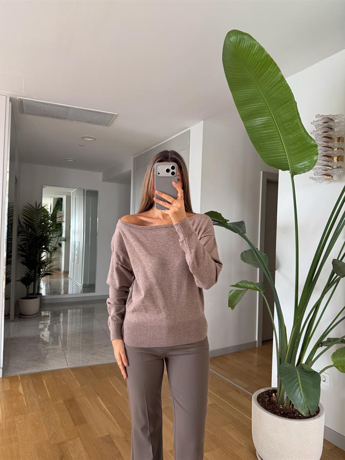 Kayık Yaka Basic Tiko Bluz - Bej 