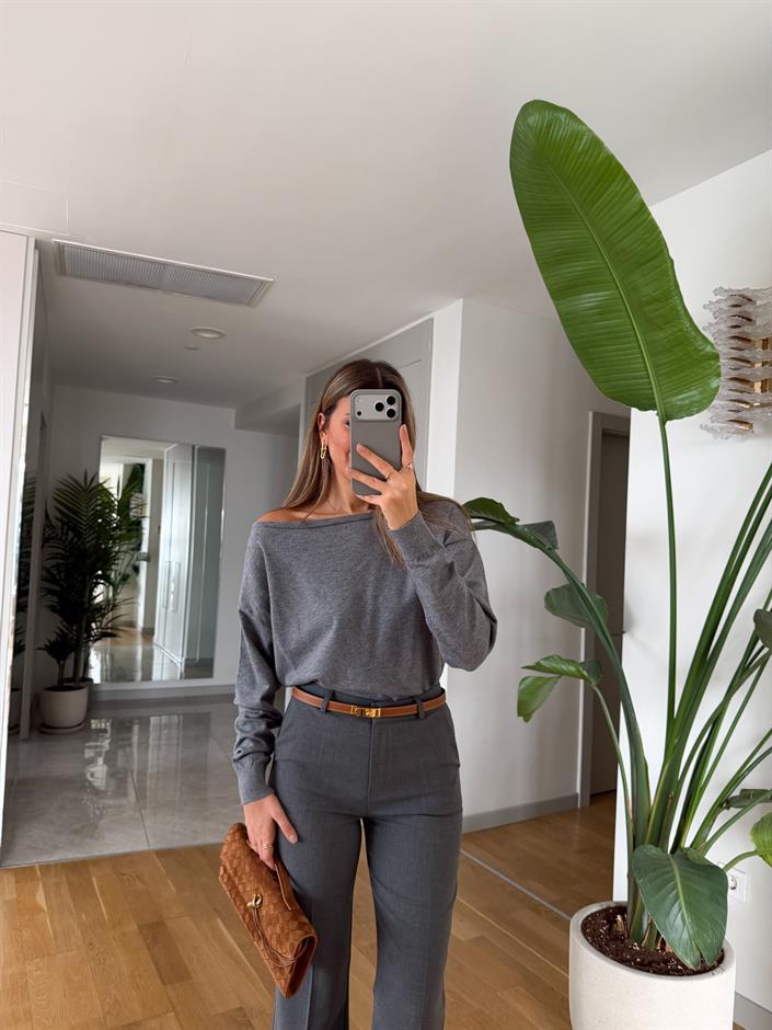 Kayık Yaka Basic Triko Bluz - Gri 