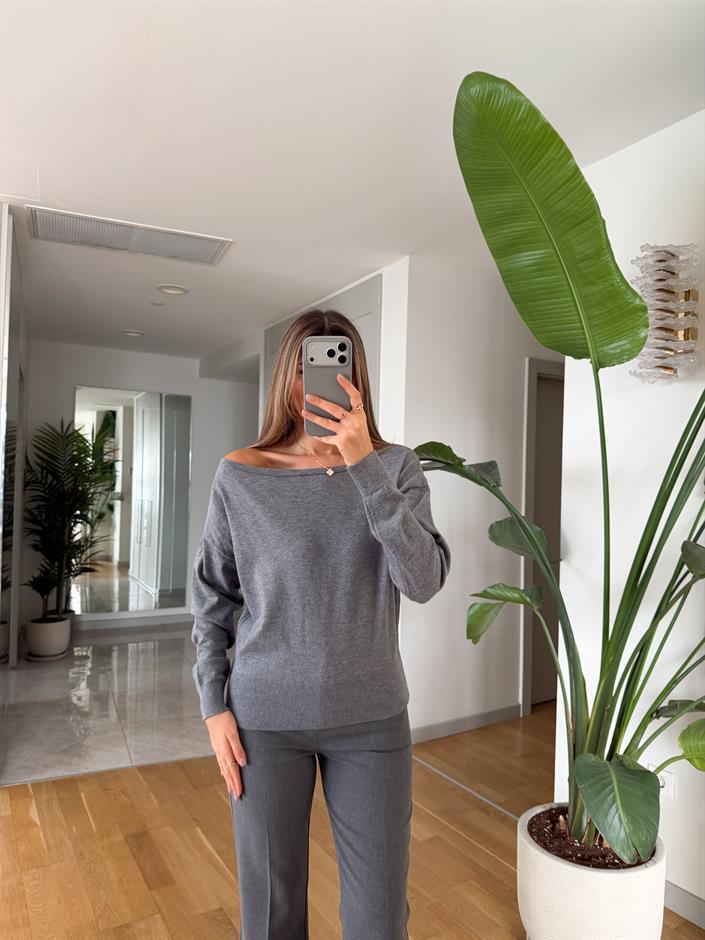 Kayık Yaka Basic Triko Bluz - Gri 