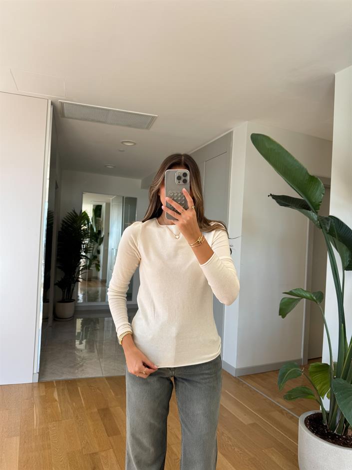 Kayık Yaka Kaşmir Triko - Ekru 